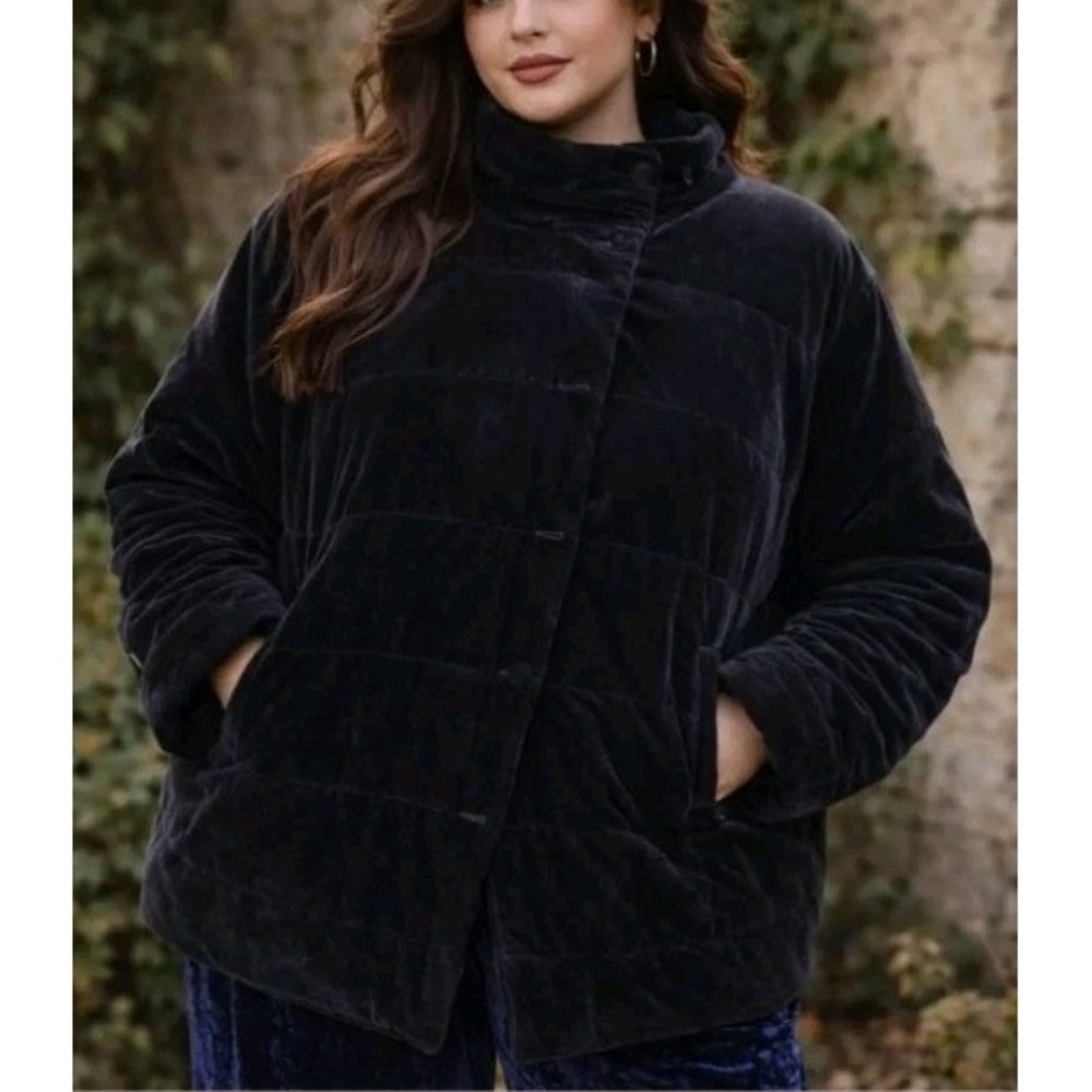 NWT J.Jill Quilted Velvet Puffer Jacket Black Womens 4X Witchcore Whimsigoth